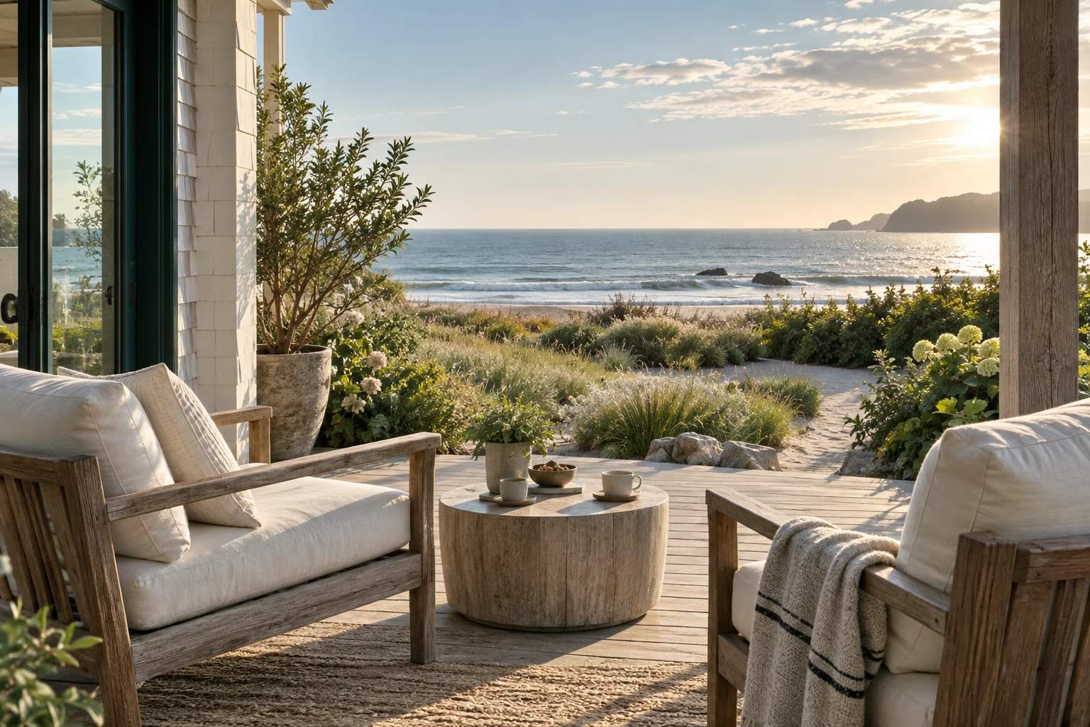 Sunlight falls across a coastal terrace overlooking the ocean