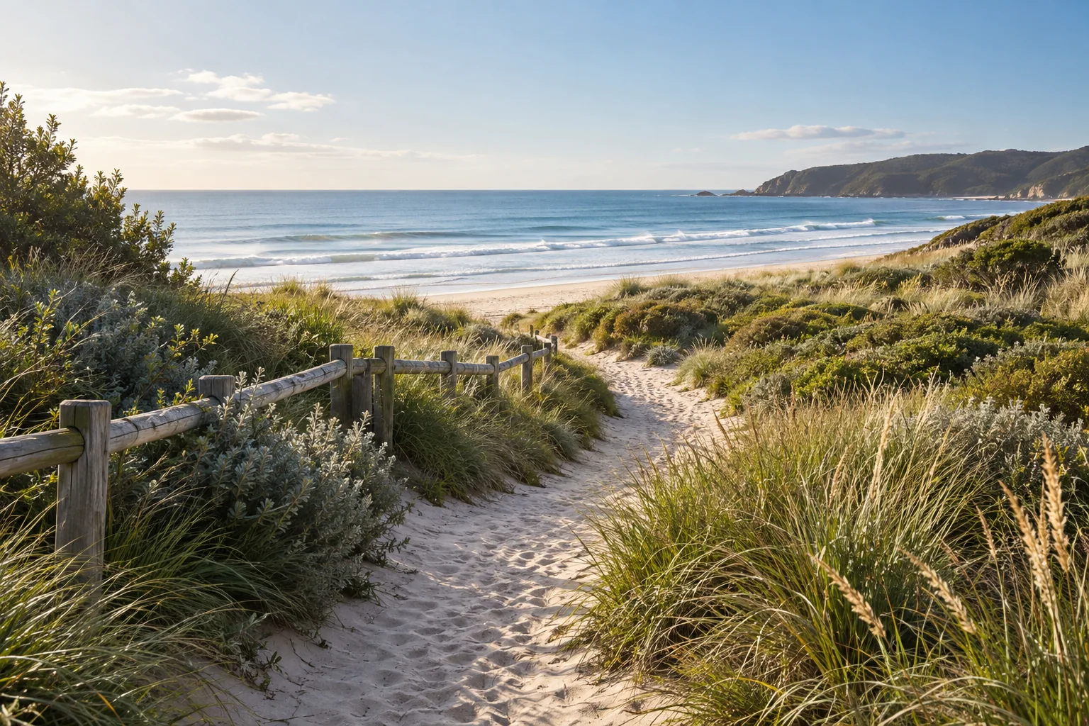 A sandy path winding through dune grasses toward the ocean