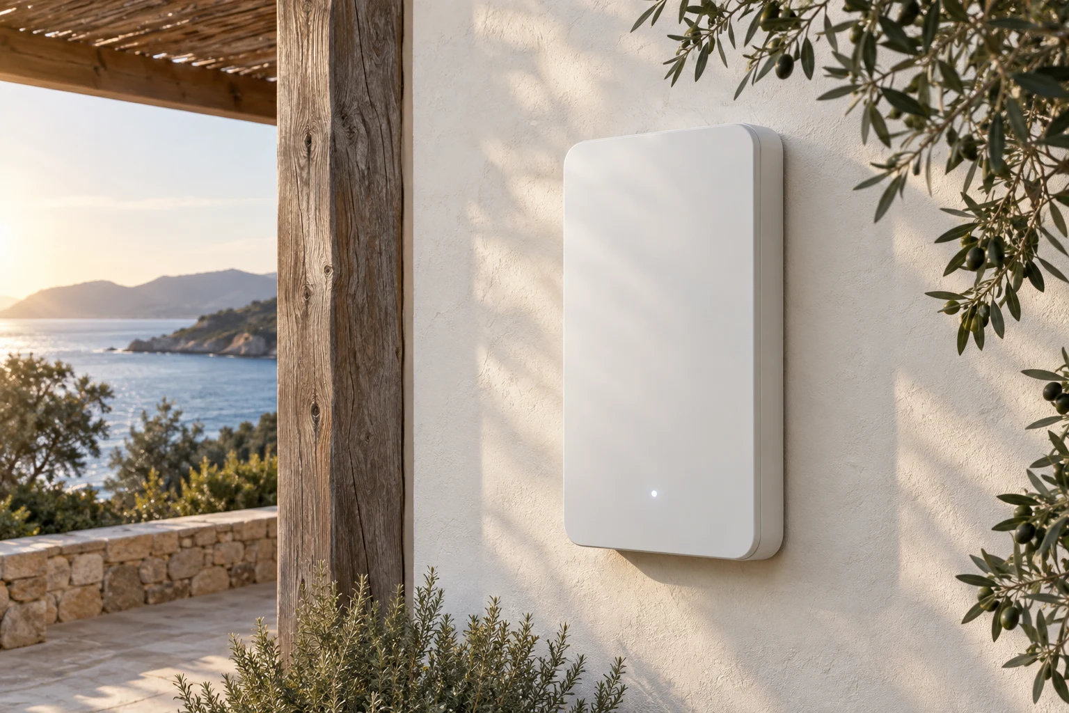 A minimal white home battery mounted on a sunlit exterior wall