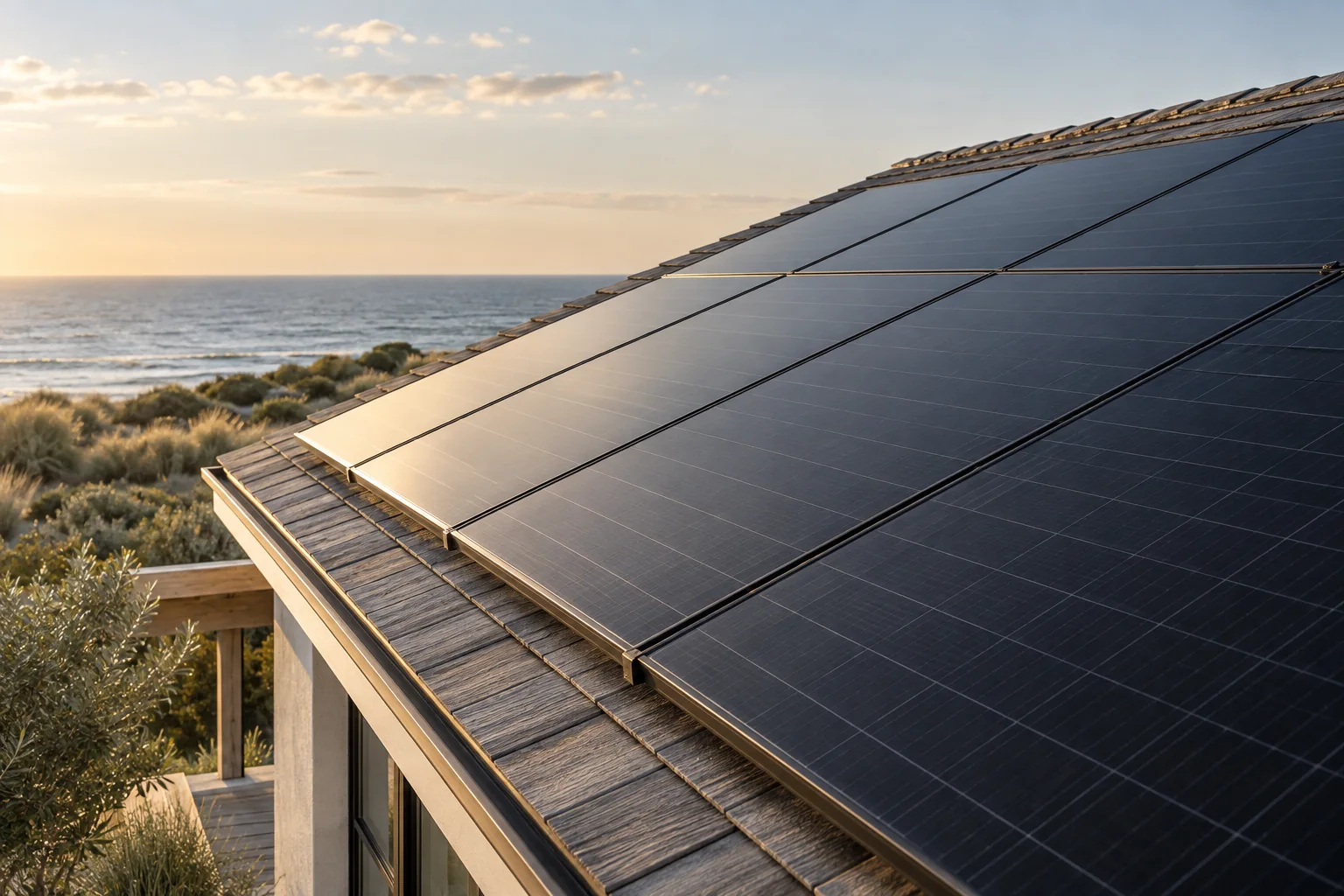 Dark solar panels catching soft coastal sunlight